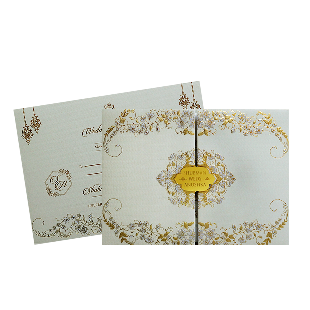 Grey Padded Embossed Floral Wedding Invitation Card-KRB09751