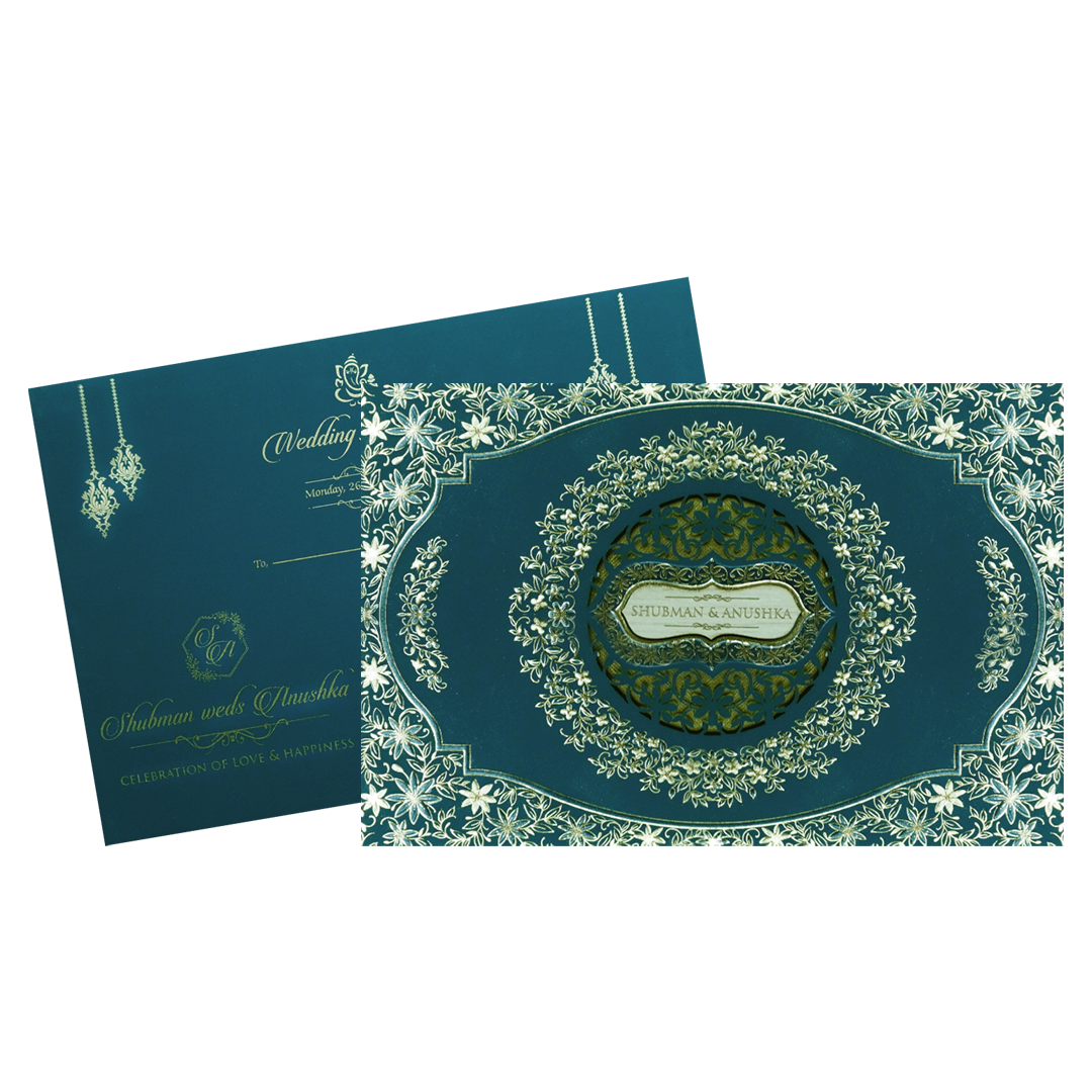 Blue Padded Embossed Floral Cutout Wedding Invitation Card-KRB09802