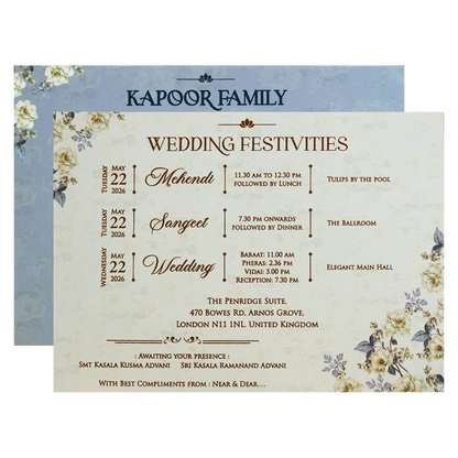 Blue Golden Floral Padded Wedding Card - KFR16400