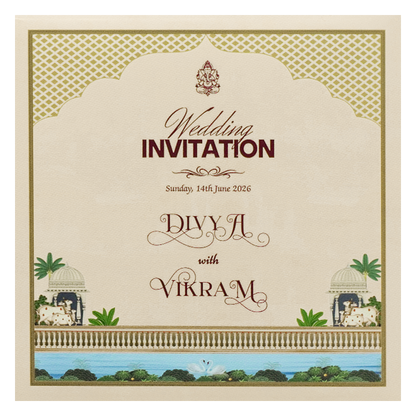 Navy Blue Kamadhenu Palm Wedding Card-KNKD8113