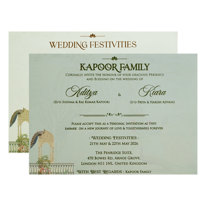 Royal Peacock Pastel Green Wedding Card - KFR16390