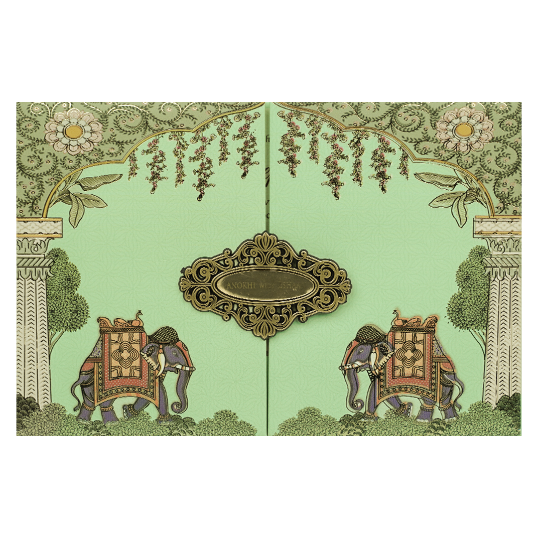 Green Royal Elephant Padded Wedding Card-KJTS3671