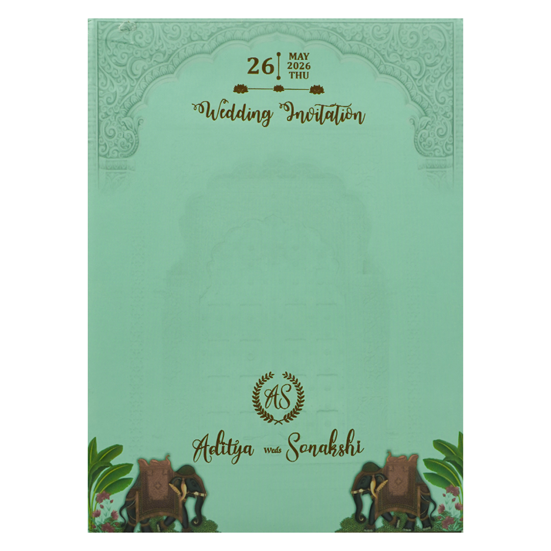 Mint Green Royal Palace Padded Wedding Card-KRE27220
