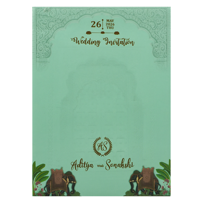 Mint Green Royal Palace Padded Wedding Card-KRE27220
