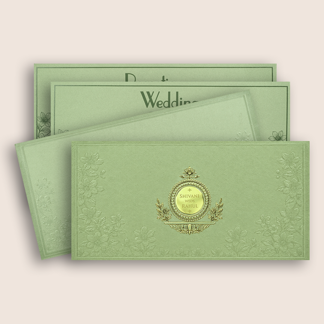 Pista Green Embossed Floral Wedding Card - KPR07580