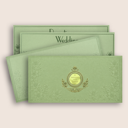 Pista Green Embossed Floral Wedding Card - KPR07580