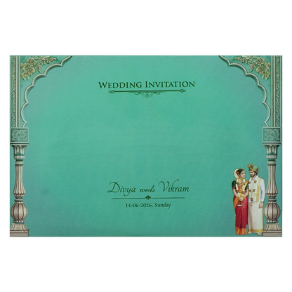 Green Padded Bride Groom Palace Wedding Card-KNAK4701