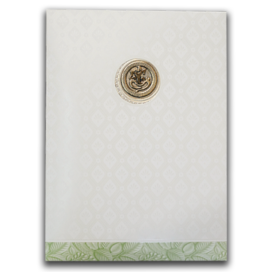 White Pastel Green Ganesha Temple Wedding Card-KNA2401G