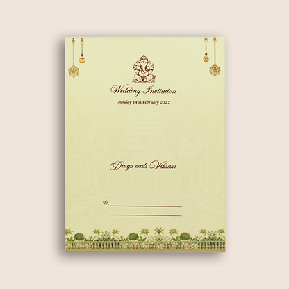 Beige Balaji Padmavathi Floral Wedding Invitation Card - KNCT7411