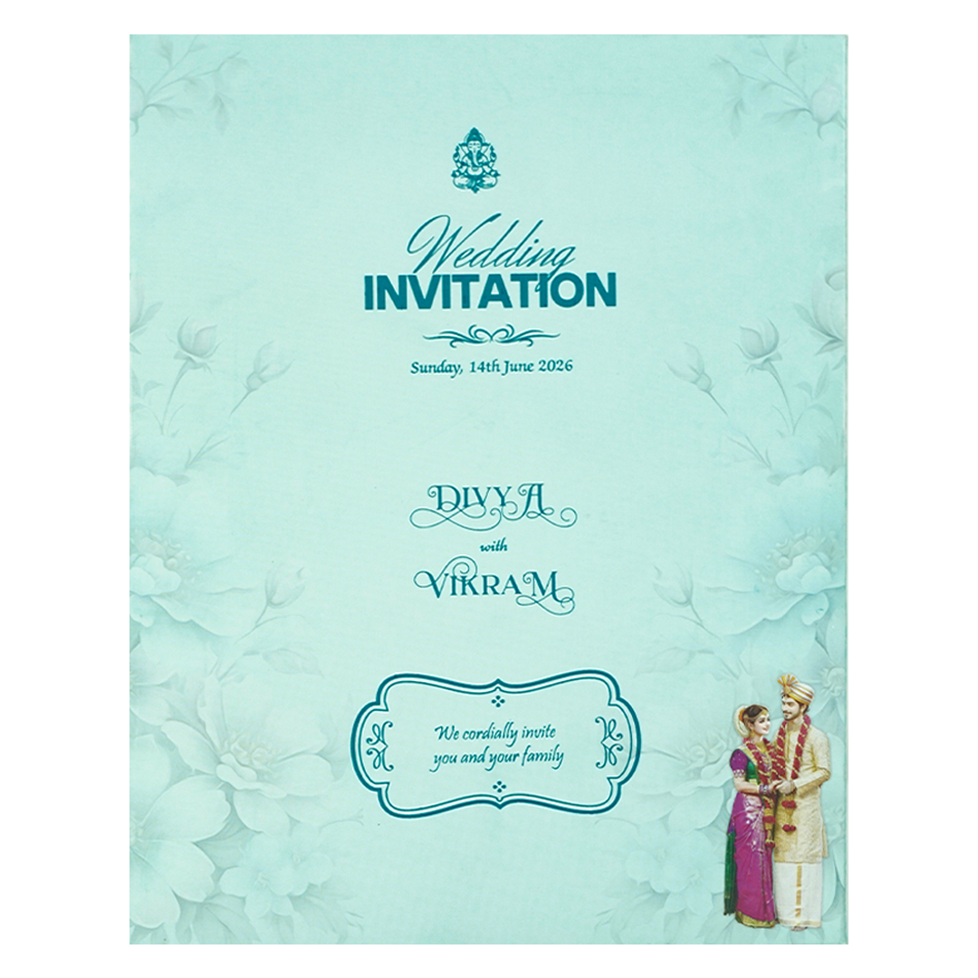 Blue Floral Couple Padded Wedding Card-KNMO9314