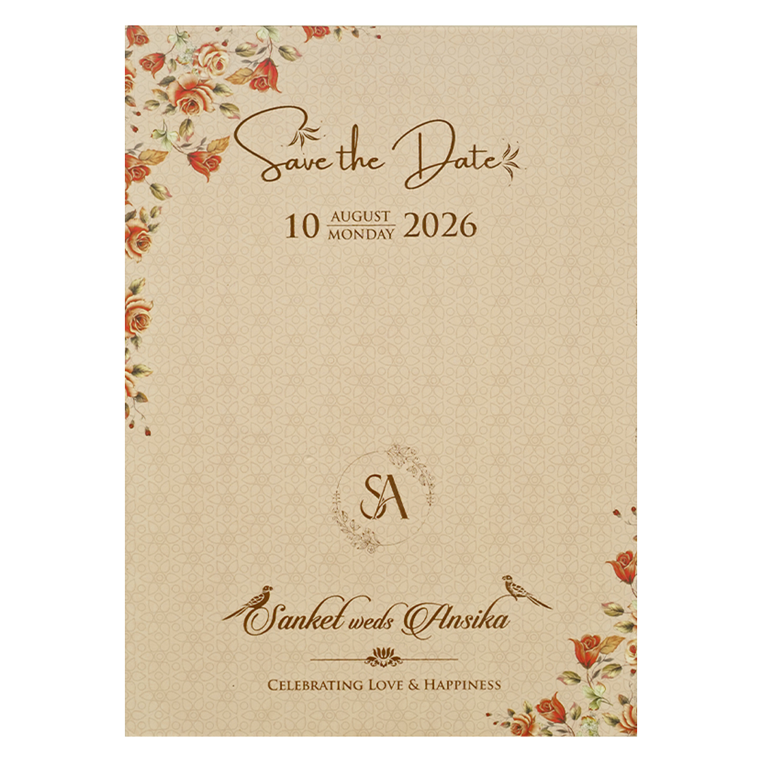 Ivory Floral Padded Wedding Card-KVN07230