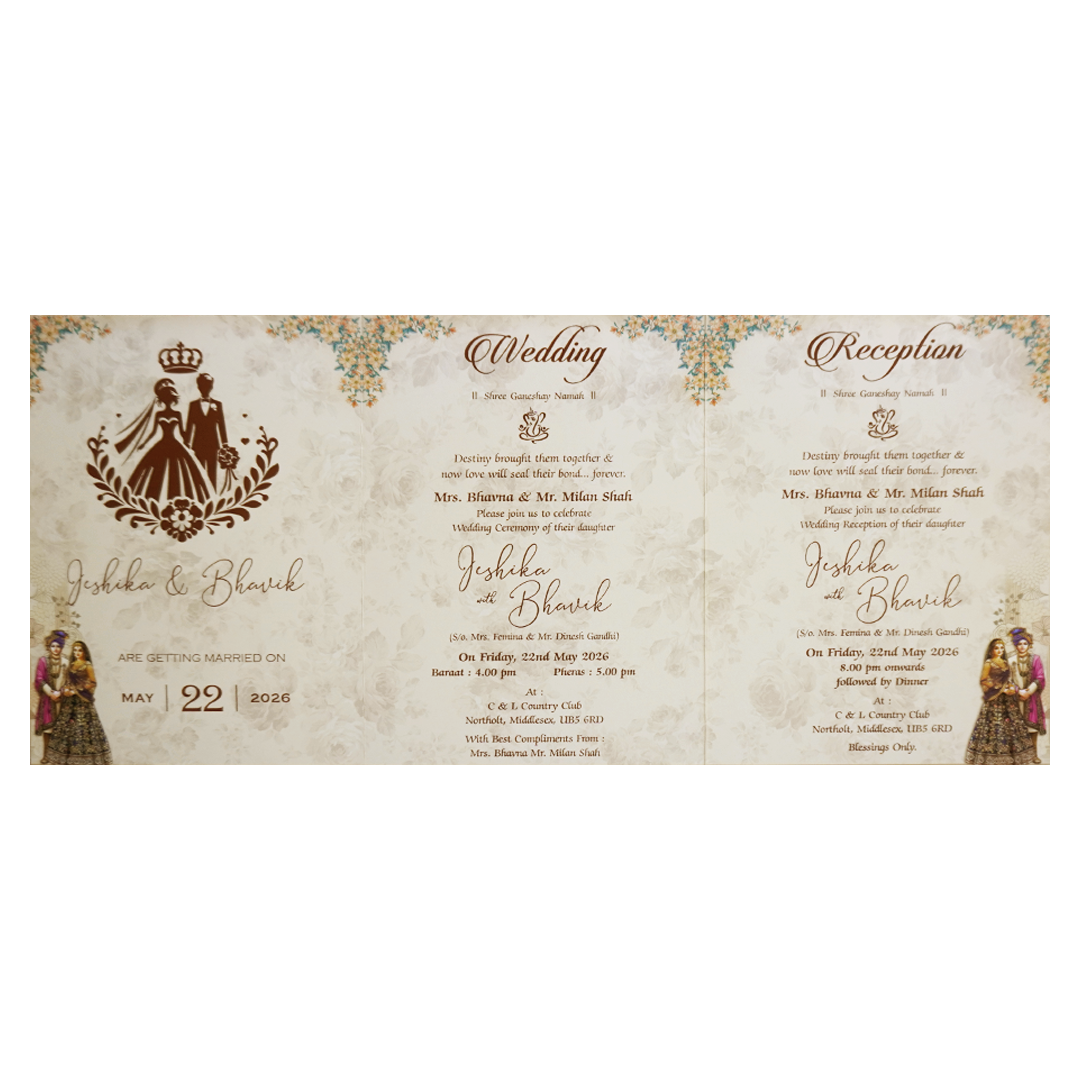 Cream Floral Couple Peacock Bag Wedding Card - KSH73210