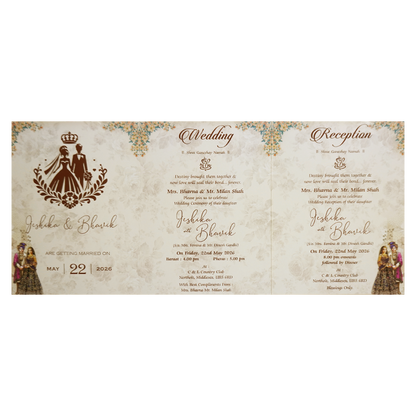 Cream Floral Couple Peacock Bag Wedding Card - KSH73210