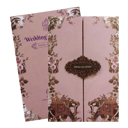 Pink Floral Royal Elephant Padded Wedding Card - KVN07430