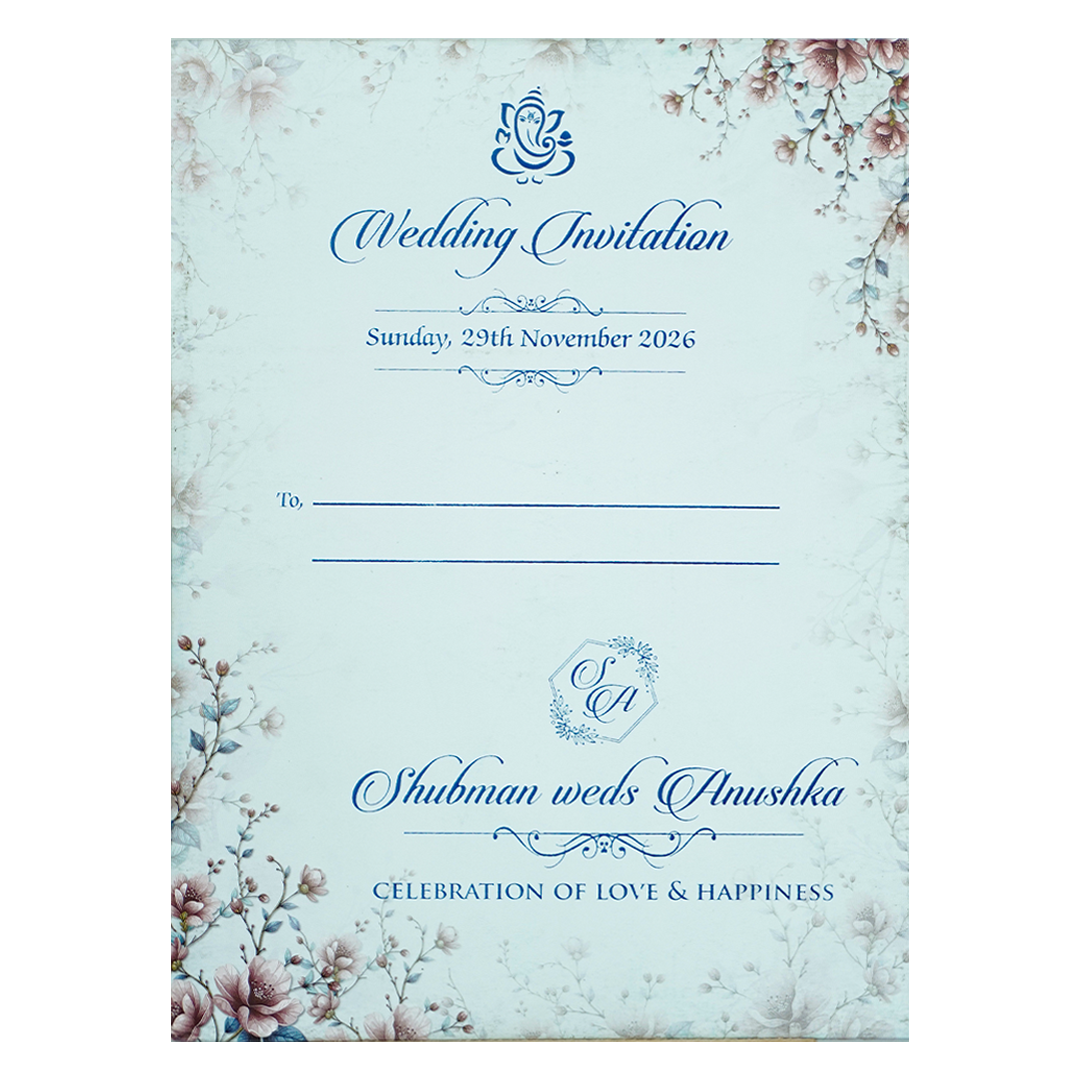 Blue Floral Padded Wedding Card-KRB09300