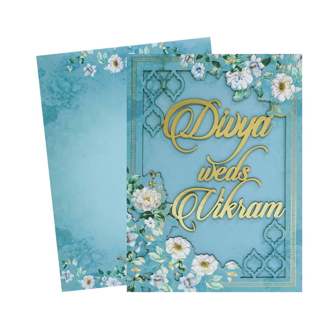 Blue Gold Laser-Cut Floral Wedding Card - KNOR5202