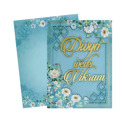 Blue Gold Laser-Cut Floral Wedding Card - KNOR5202