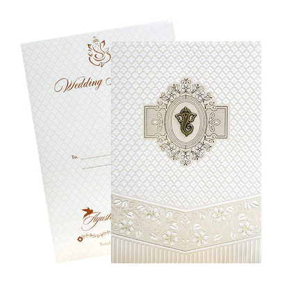 White Quilted Floral Ganesh Wedding Card - KVN07180