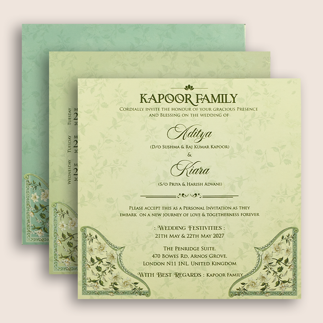 Green Floral Laser Cut Padded Wedding Invitation - KFR17460