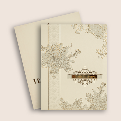 White Golden Floral Embossed Padded Wedding Card - KPR010240