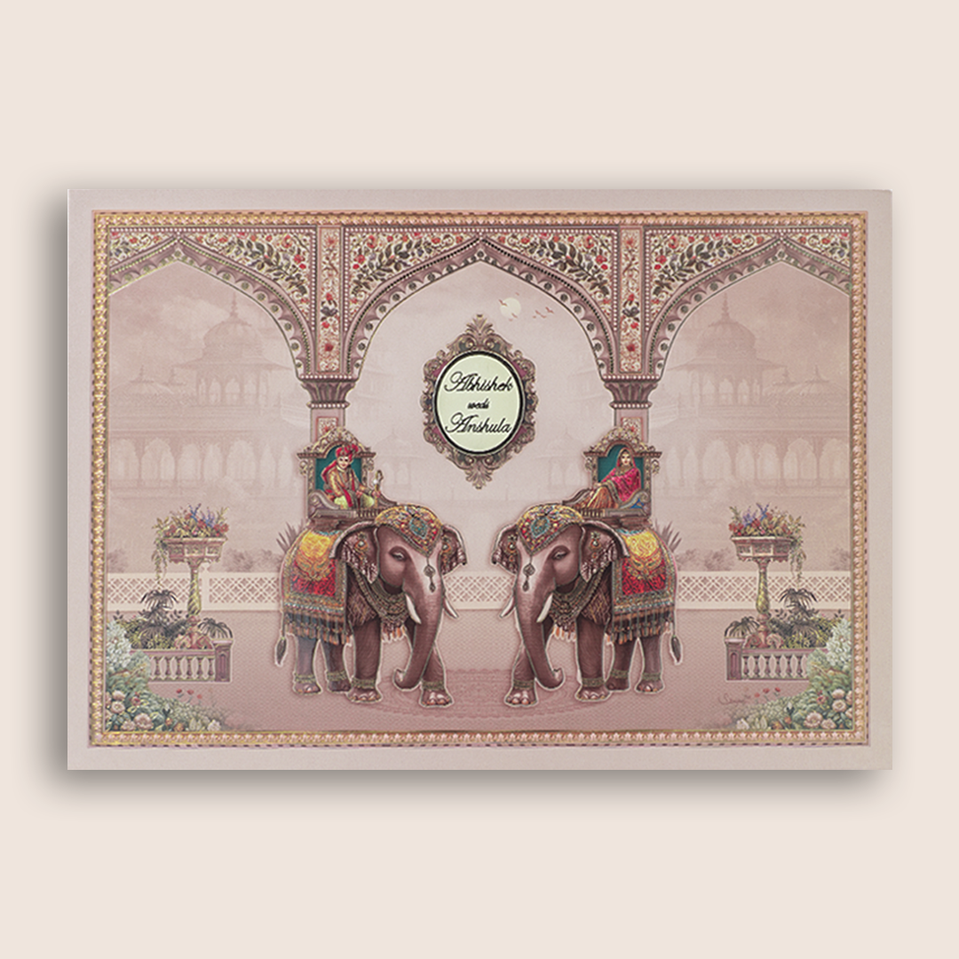 Warm Pink Royal Elephant Bride Groom Wedding Card - KAA05340