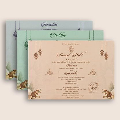 Beige Royal Palace Elephant Padded Wedding Card - KRB10730