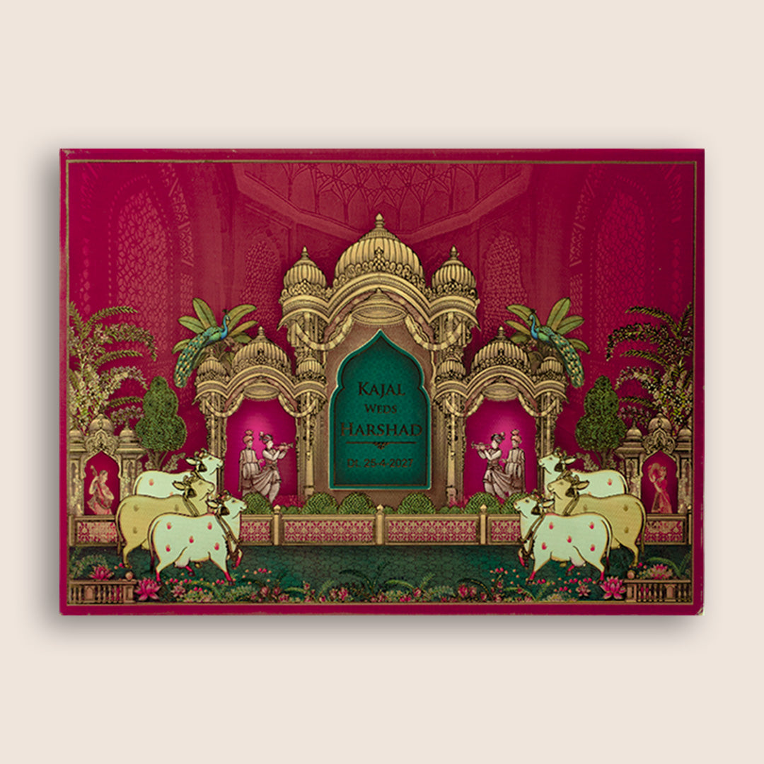 Maroon Floral Royal Palace Padded Wedding Card - KSH18320