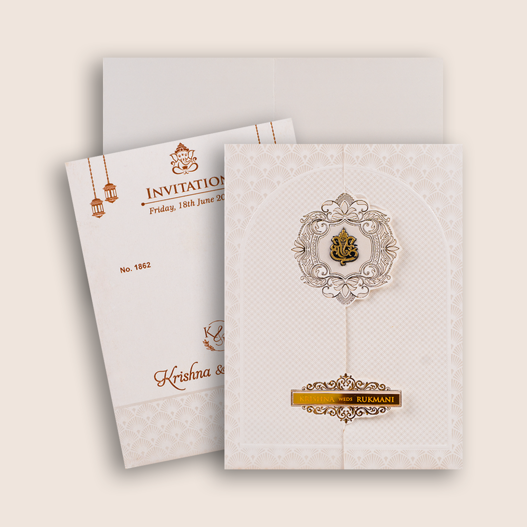 White Embossed Floral Door Style Invitation Card - KJTS1862