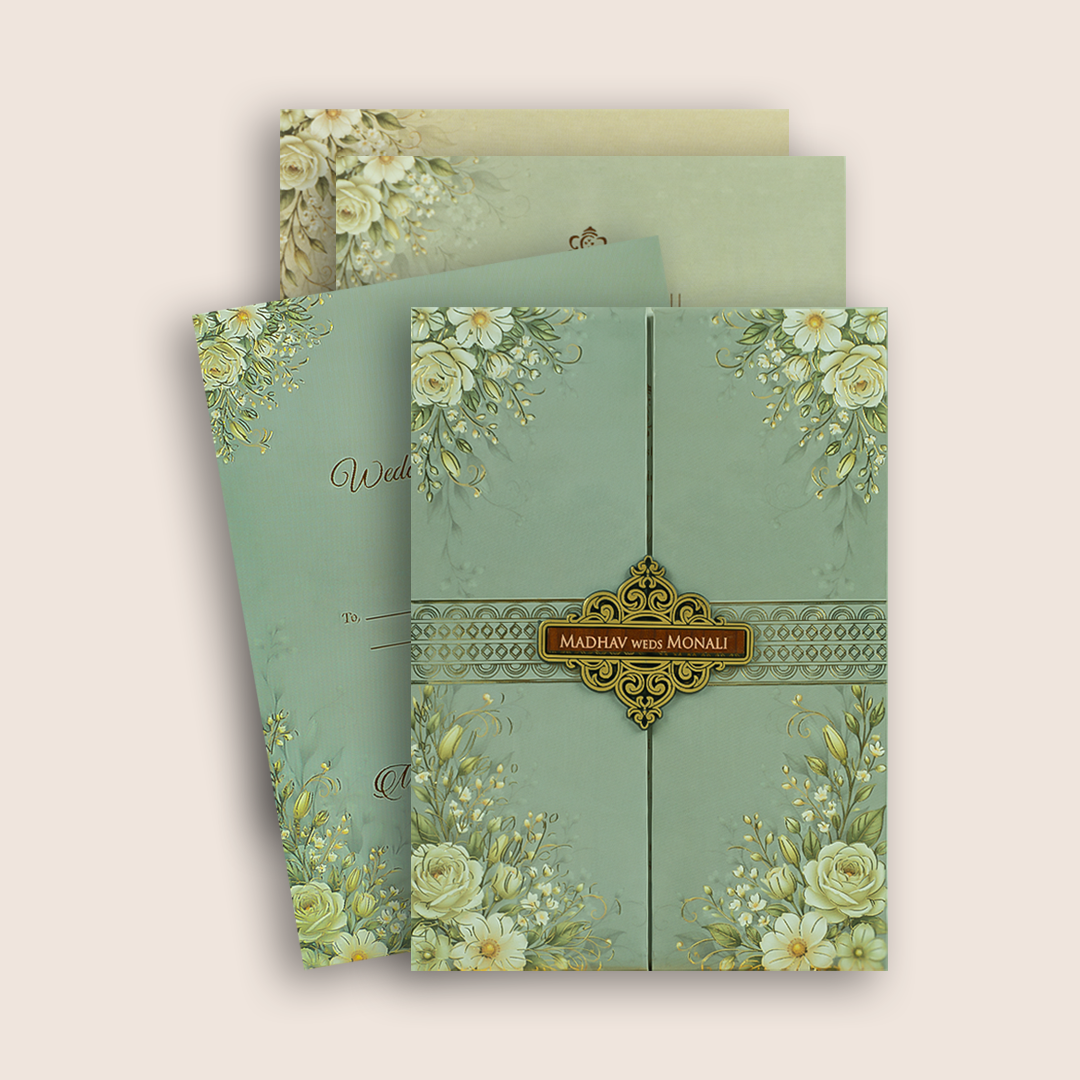 Grey Floral Door Style Padded Wedding Card - KJTS3695