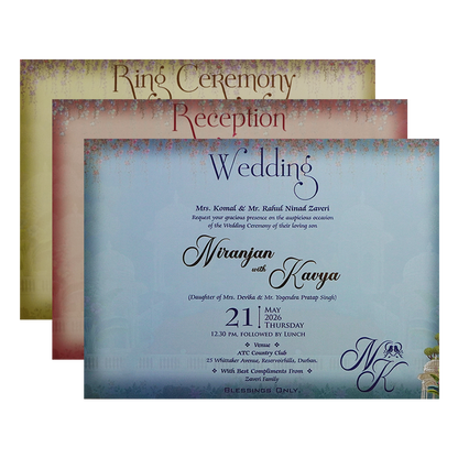 Blue Elephant Procession Padded Wedding Card - KSH72570