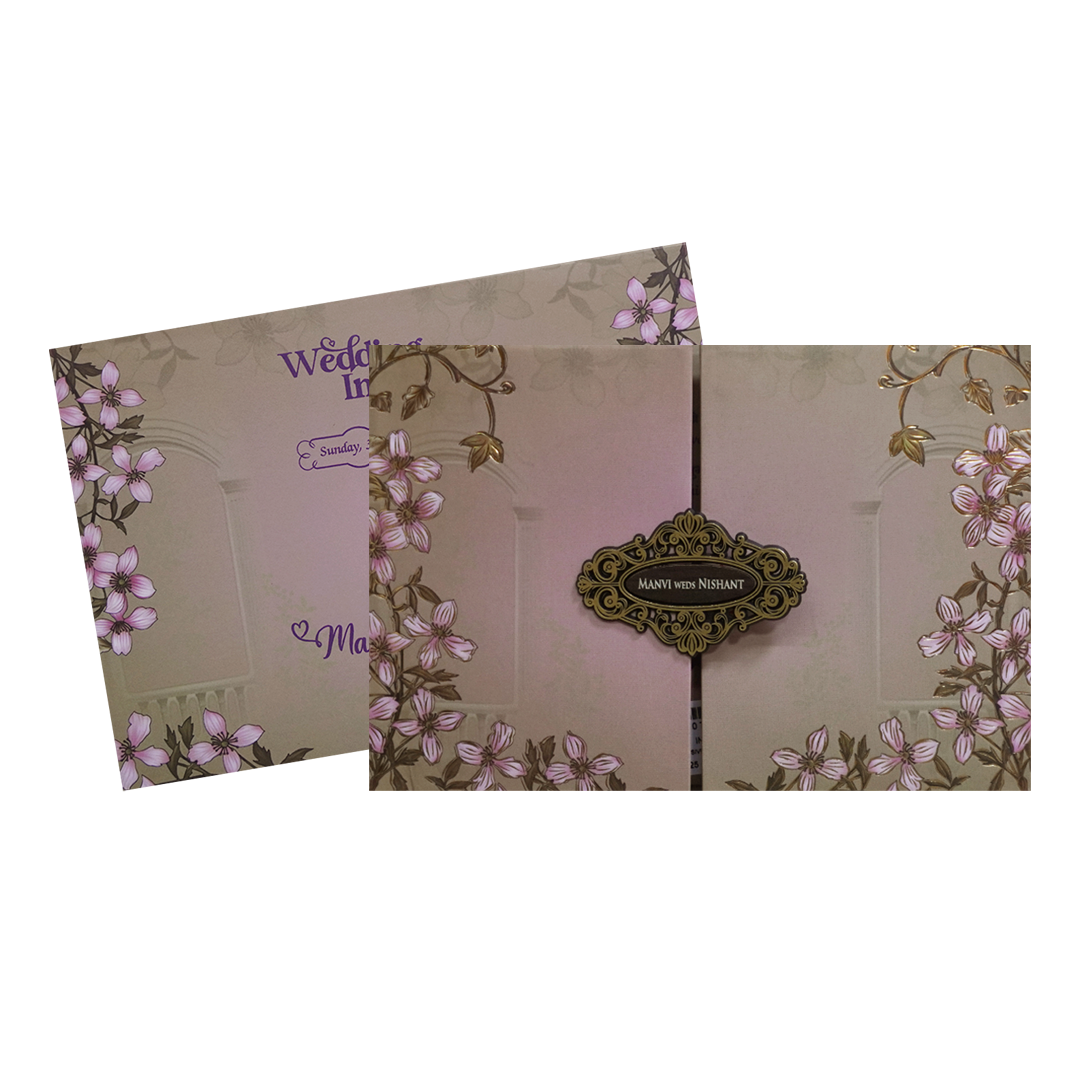 Brown Padded Embossed Floral Wedding Card - KVN07350