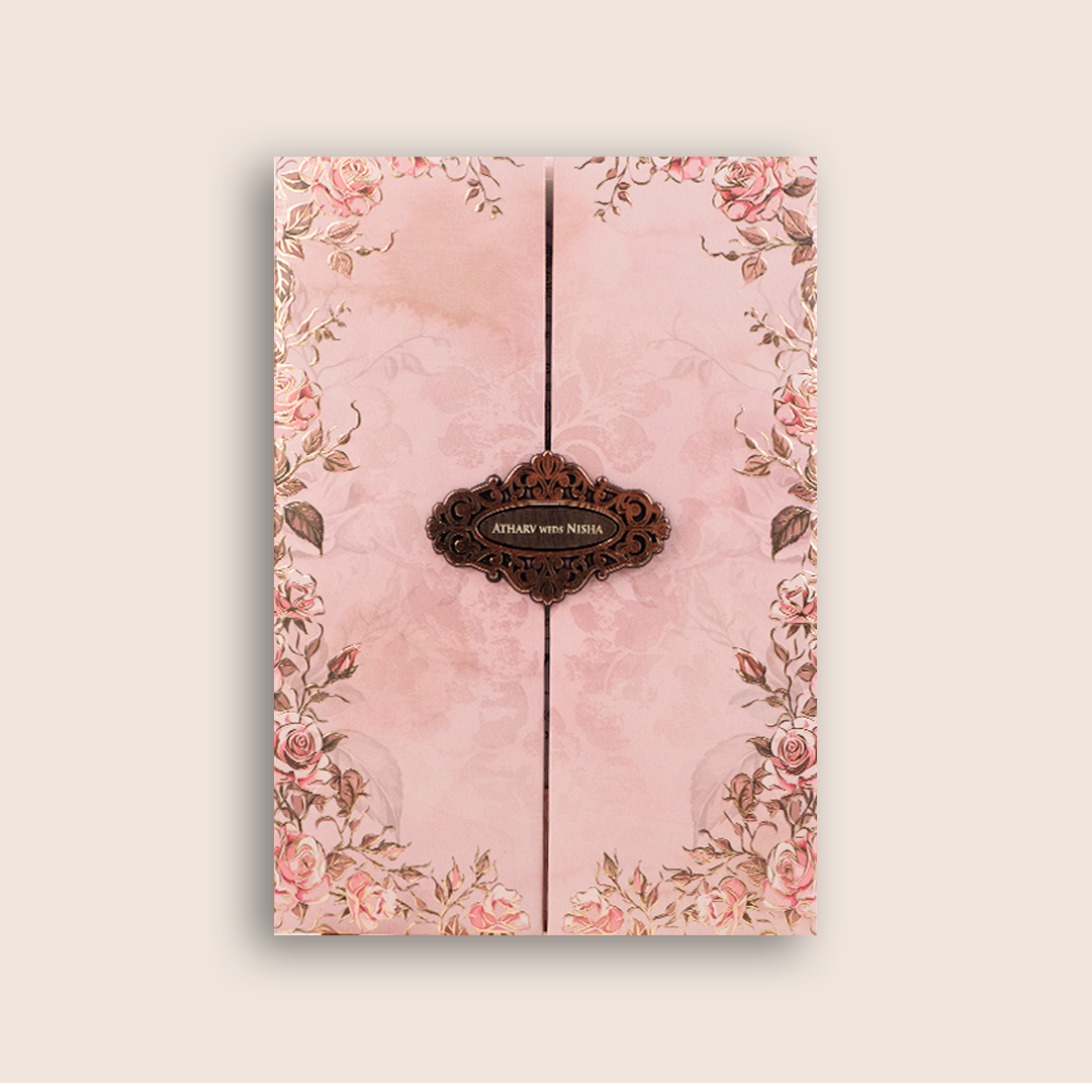 Pink Rose Floral Embossed Door Style Padded Marriage Card - KVN07790