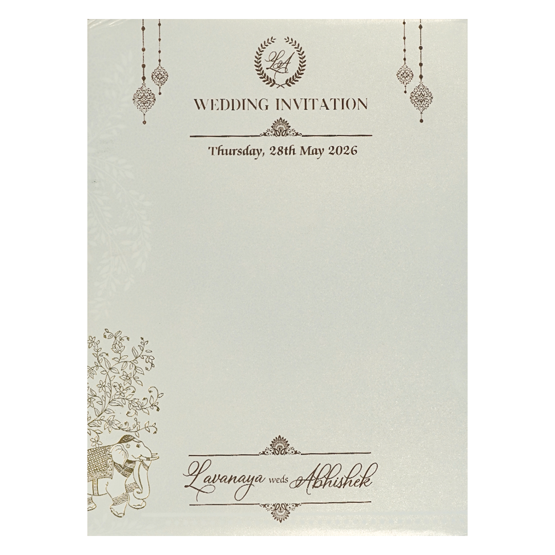 White Arch Ganesha Padded Wedding Card-KRE27510
