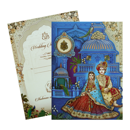 Royal Blue Gold Foil 3 Fold Bride and Groom Wedding Invitation Card-KRB09010