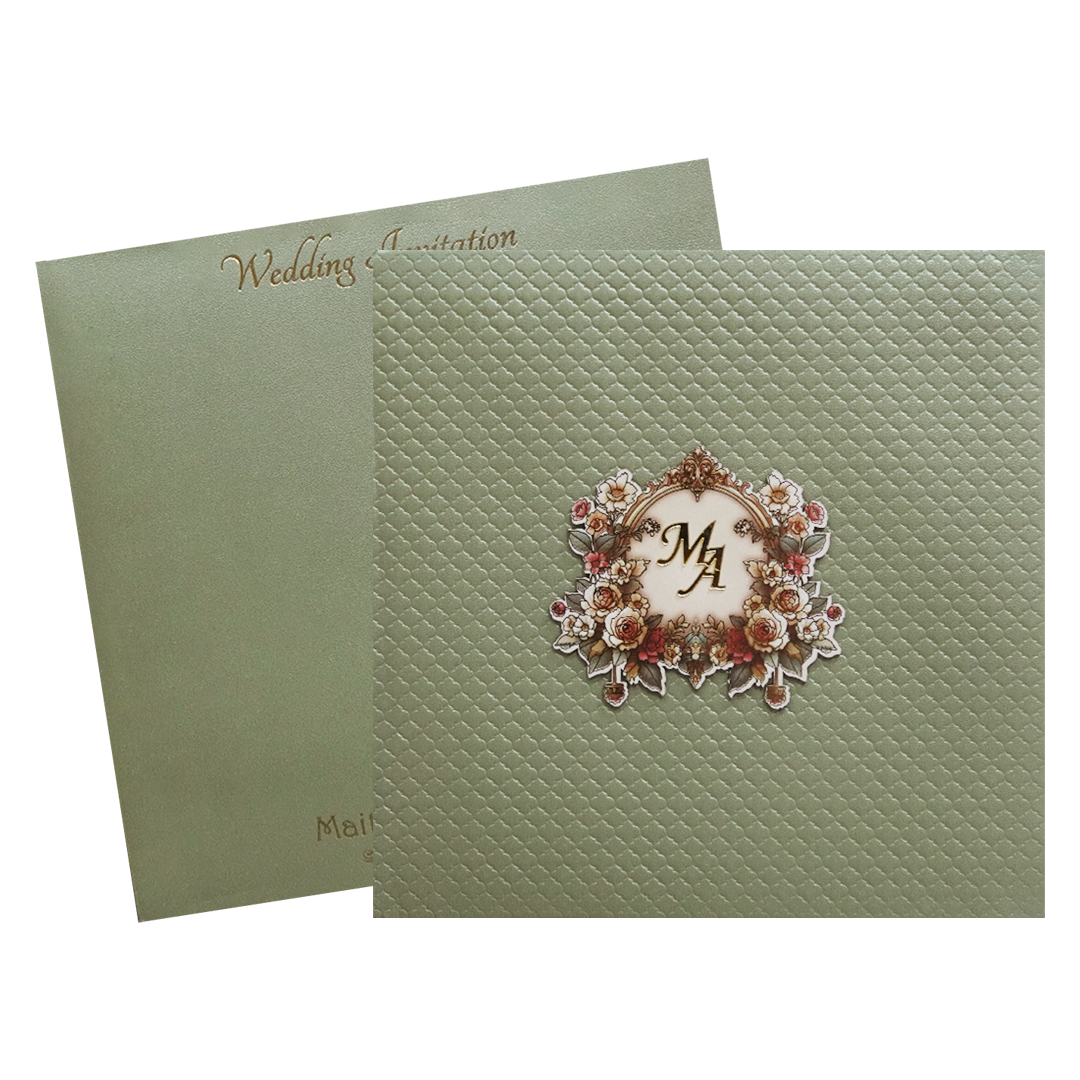 Metallic Green Quilted Floral Monogram Wedding Card - KMMWD1127