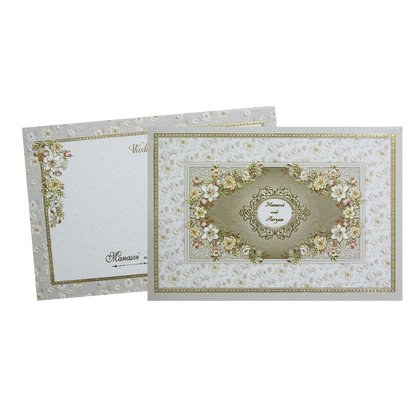 Grey Floral Frame Padded Wedding Card -KMMWD1142