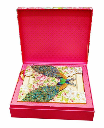 Pink Roses And Colourful Peacocks Ultra Premium Wedding Card-KNKUP033-King of Cards