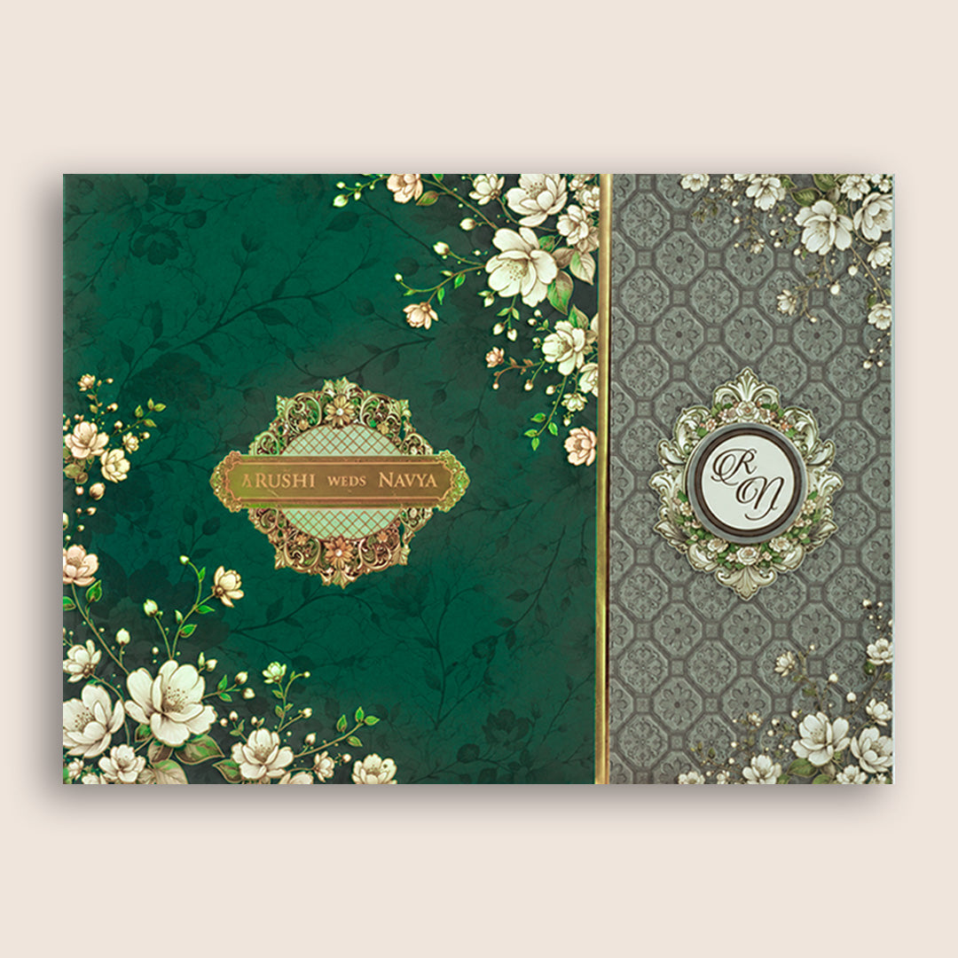 Green Floral Padded Door Style Wedding Card - KSH27030