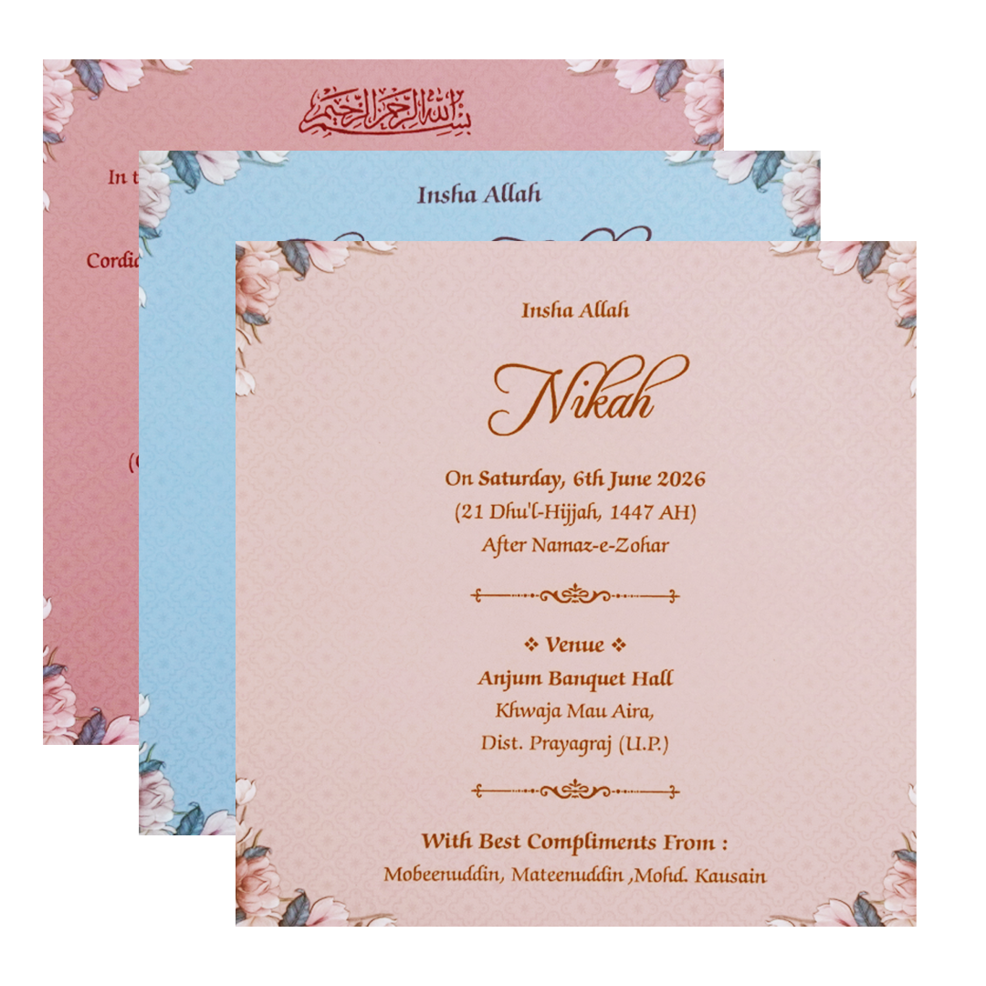 Pastel Blue Floral Envelope Padded Invitation Card - KVN07480