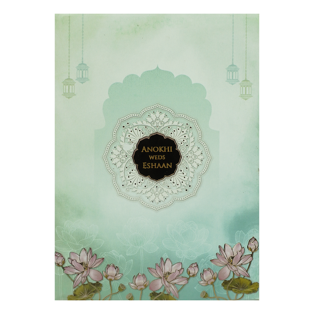 Blue Lotus Floral Padded Wedding Card-KJTS3622