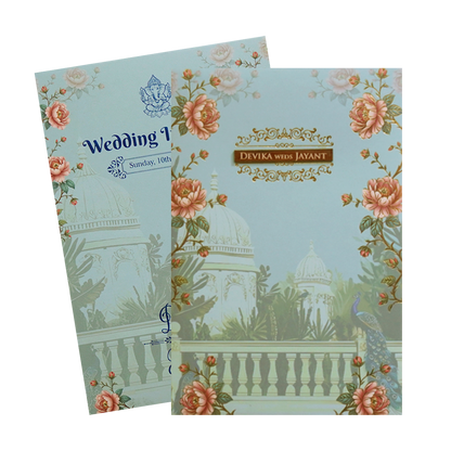 Mint Blue Padded Palace Peacock Wedding Card- KVN07380
