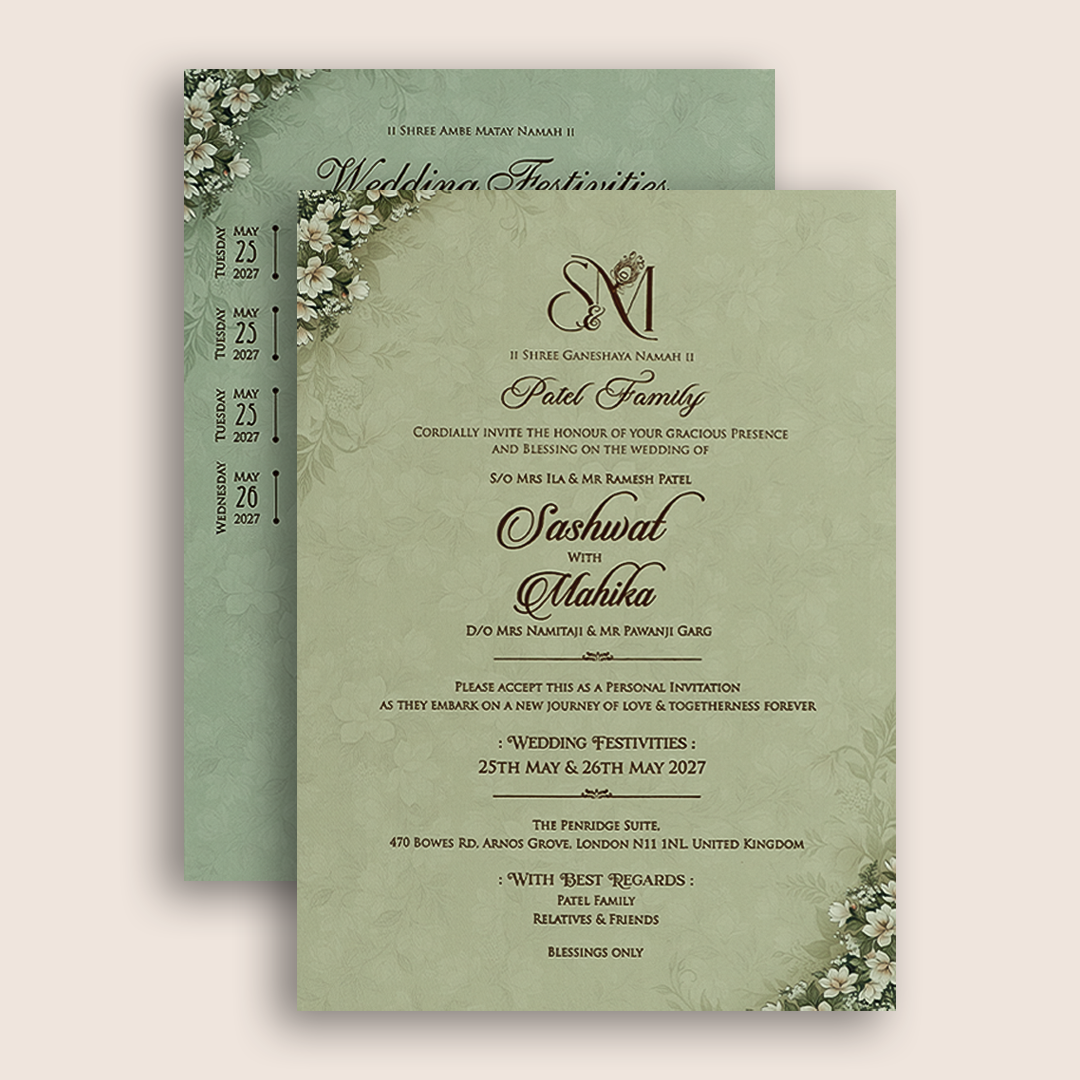 Green Floral Laser Cut Padded Wedding Card - KRE29070