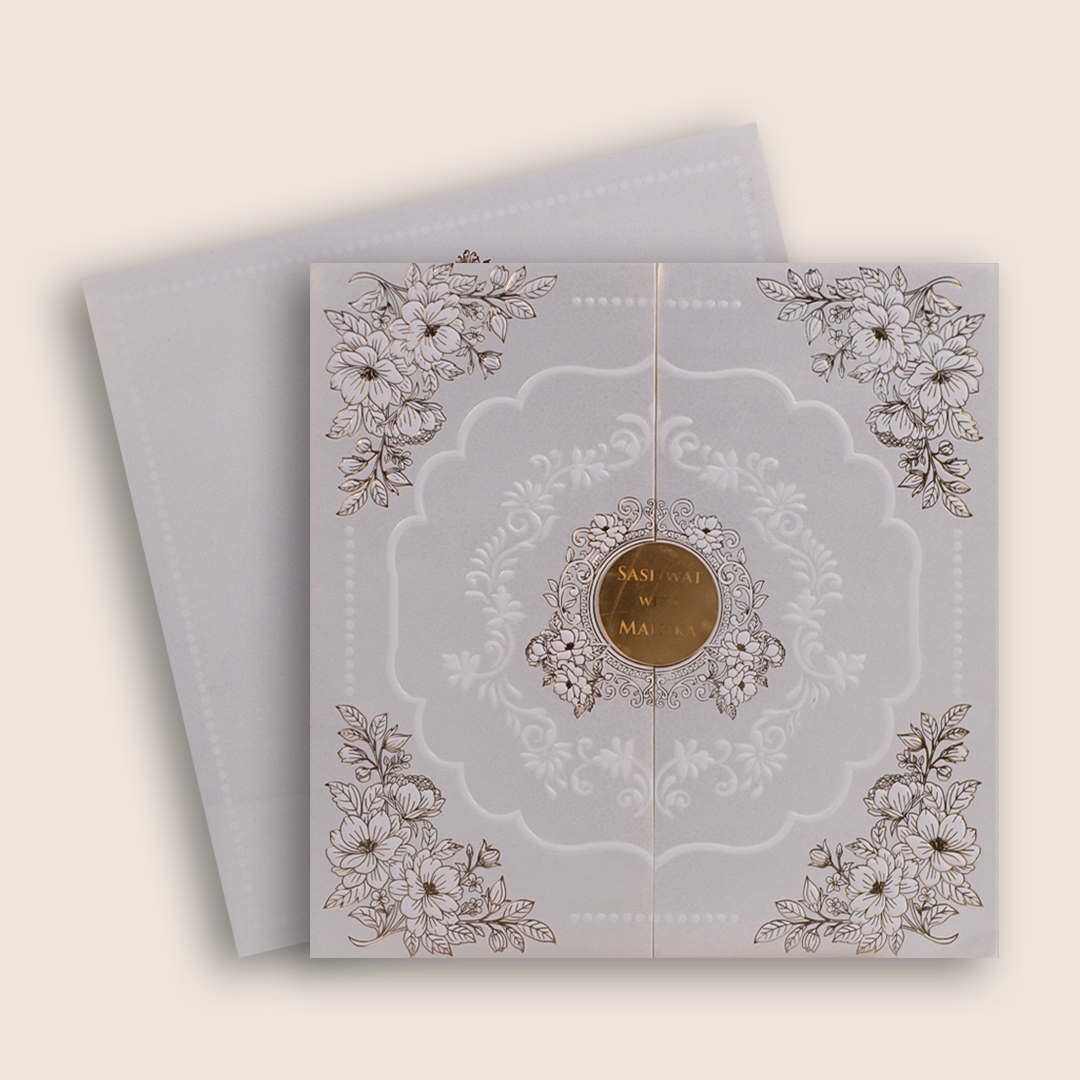 Ivory Embossed Floral Padded Wedding Card - KRE29210