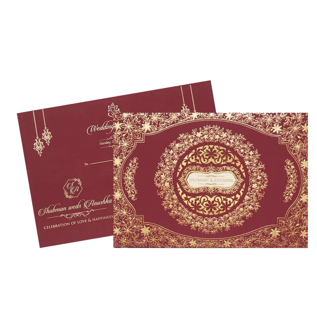 White Padded Wedding Invitation Card with Raised Gold Embossed Design-KRB09801