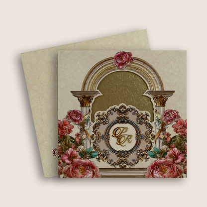 Ivory Embossed Floral Arch Padded Invitation Card - KPR026070