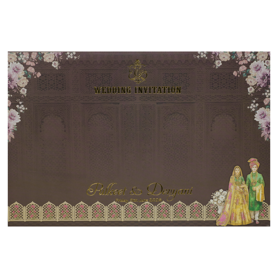 Brown Gold Stage Bride Groom Floral Padded Wedding Card-KJTS1826