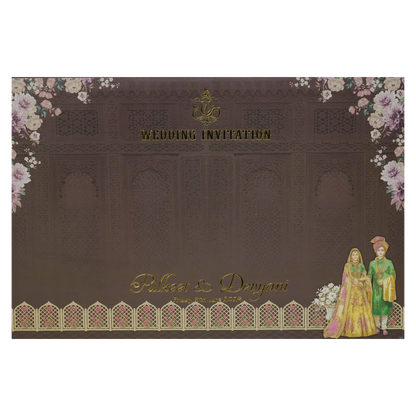 Brown Gold Stage Bride Groom Floral Padded Wedding Card-KJTS1826