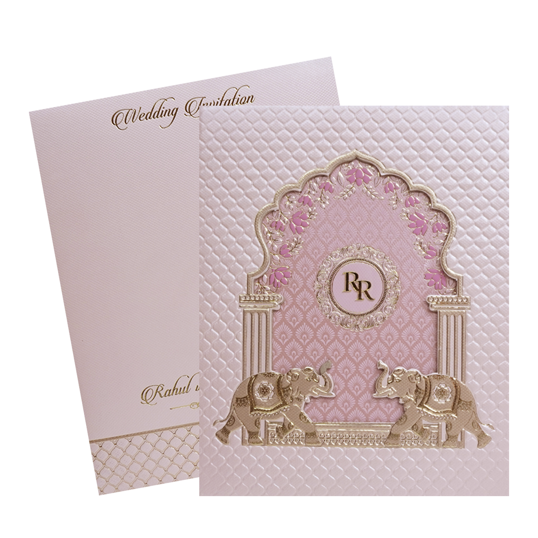 Pink Gold Elephant Arch Padded Wedding Card - KMMWD1118