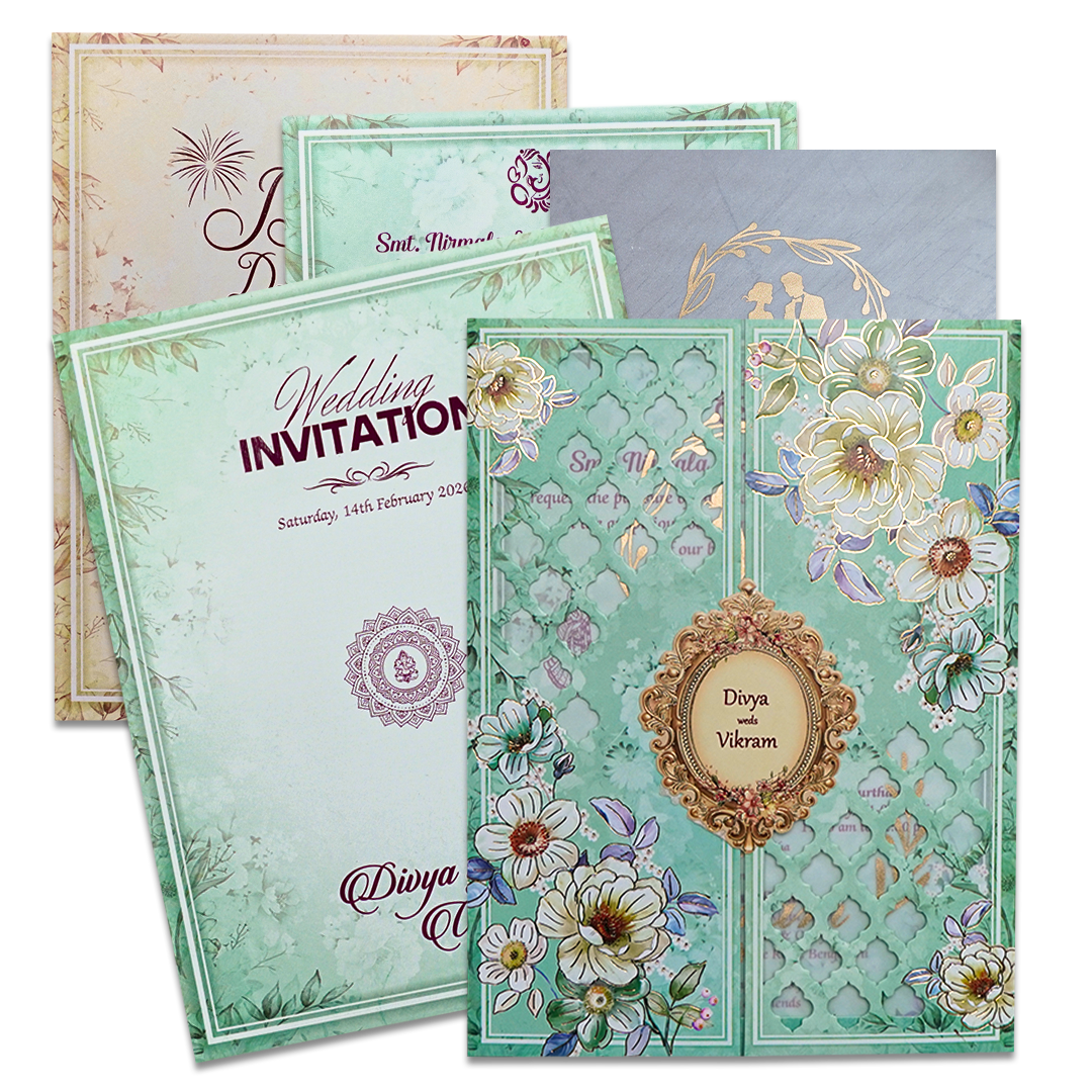 Mint Green Floral Laser Cut Wedding Card-KNNO7401