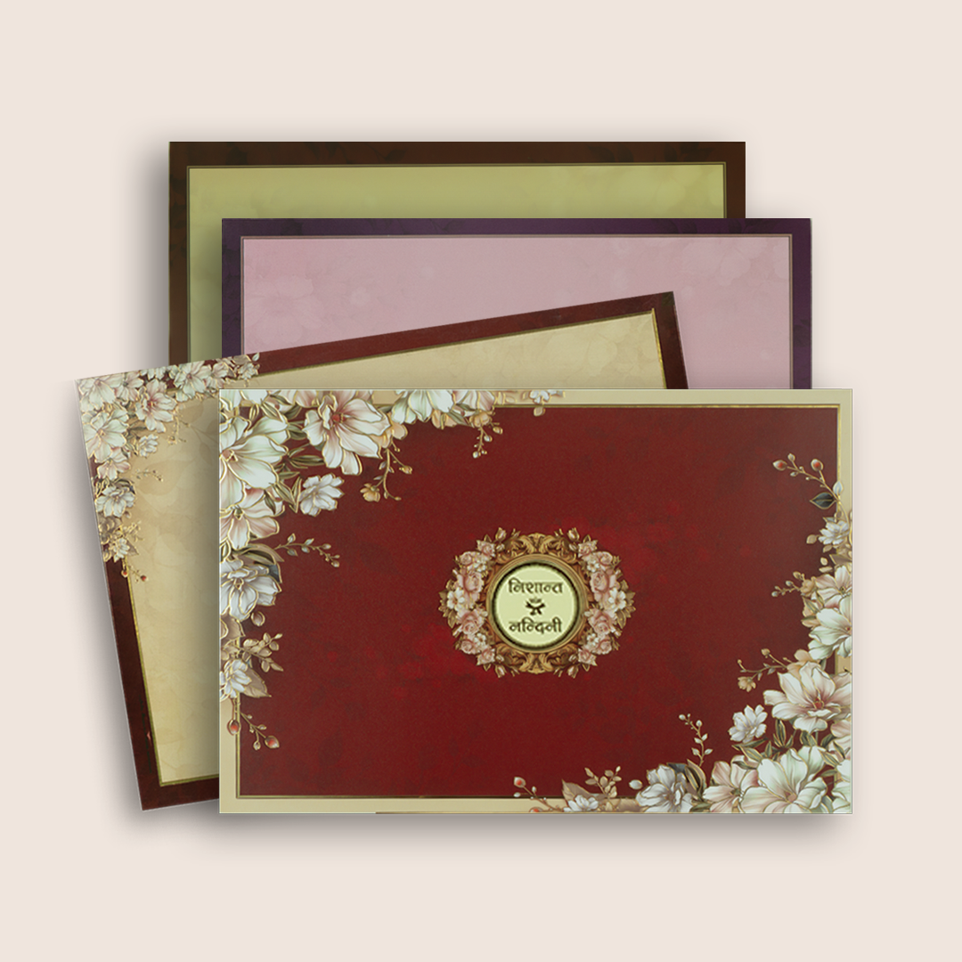Maroon Padded Floral Wedding Card - KAA06100